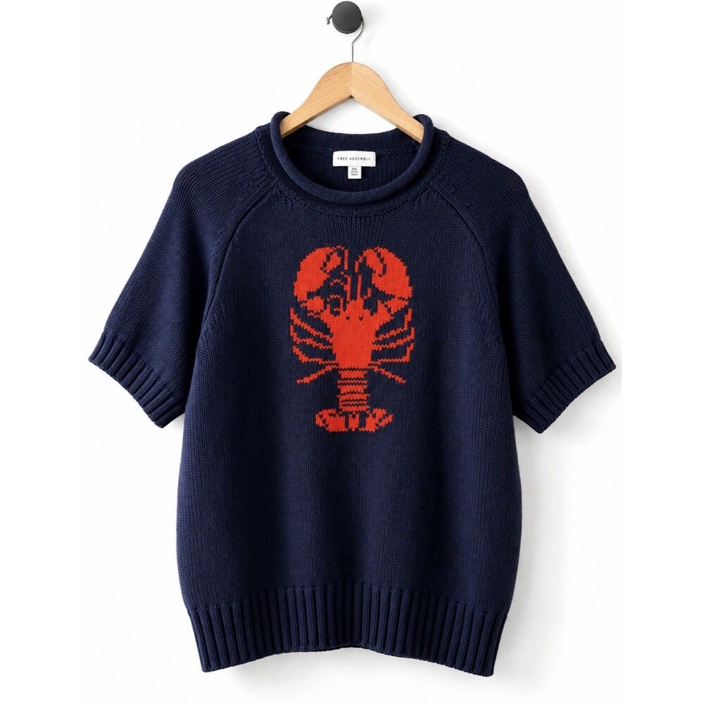 Free Assembly Women XXL 20 Navy Orange Lobster Knitted Cotton S/S Sweater